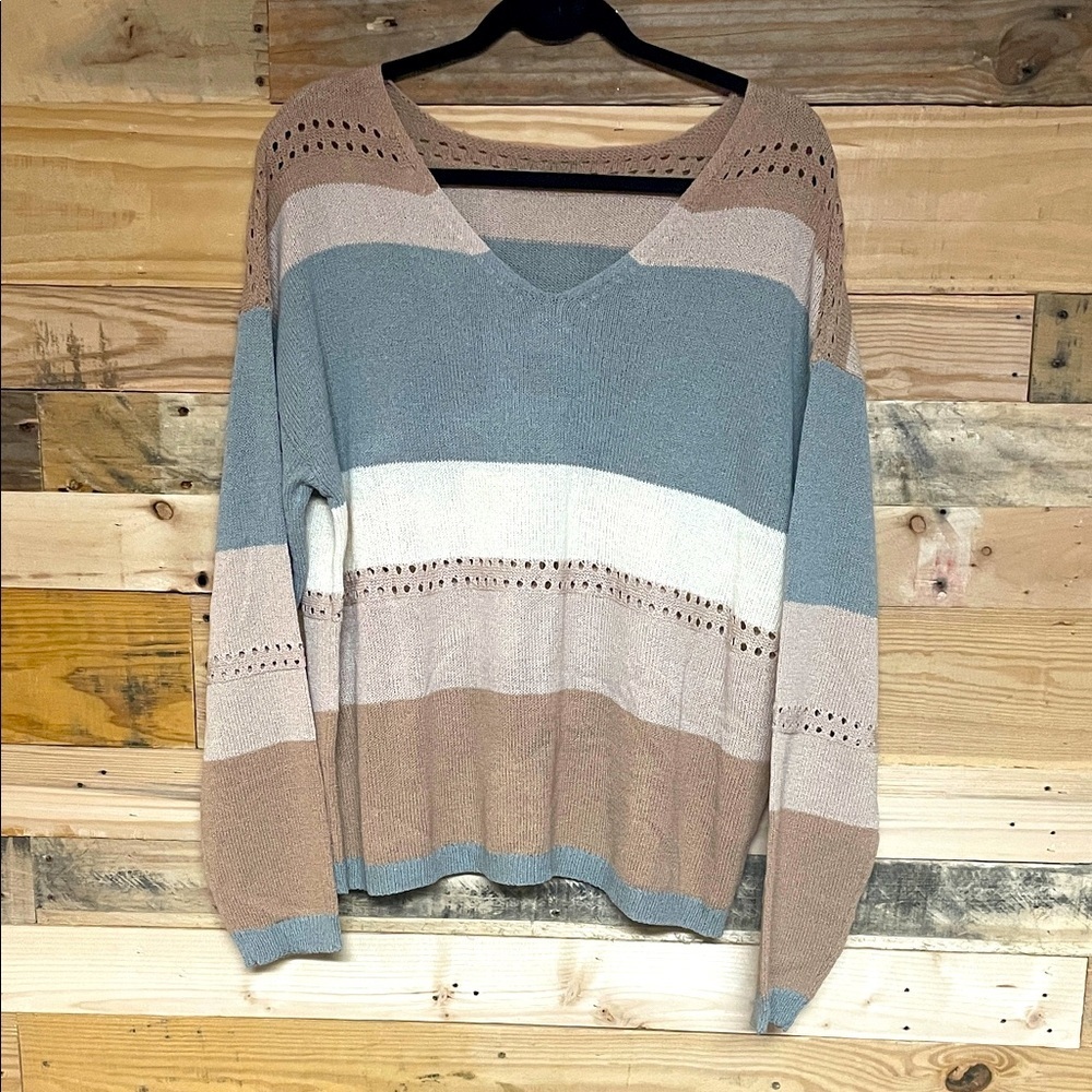 Royal + Reese size XL Striped Gray, White, and Tan V-Neck Lightweight Sweater